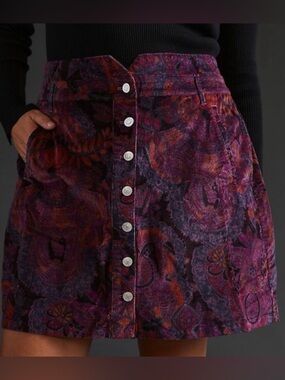 Anthropologie Pilcro Women's Purple Floral Button-Front Corduroy Skirt Size 0